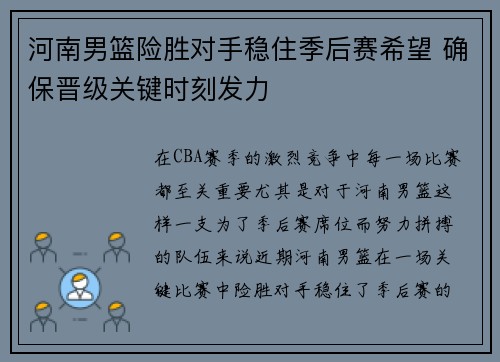 河南男篮险胜对手稳住季后赛希望 确保晋级关键时刻发力